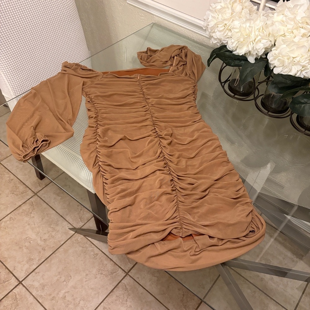 Elegant Tan Ruched Dress - Picture 10 of 10